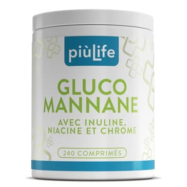 Glucomannane Titré 95% de Konjac PiùLife 240 Comprimés 4000 mg Avec Inuline, Niacine et Chrome, Glucomannane Pur | Fibres Végétales | 36.000 mPas | Soutien au Métabolisme Équilibré