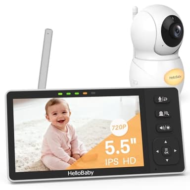 HelloBaby Babyphone Bébé Moniteur avec Écran 5,5 Pouces, Caméra HD 720p IPS, sans WiFi, Pan-Tilt-Zoom, Communication Bidirectionnelle