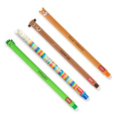 LEGAMI - Lot de 4 stylos gel effaçables, Thèmes Dino, Teddy Bear, Corgi, Llama, boule sur les extrémités pour enlever l'encre, noir, bleu, vert, rouge, thermosensible, diamètre de la pointe 0,7 mm