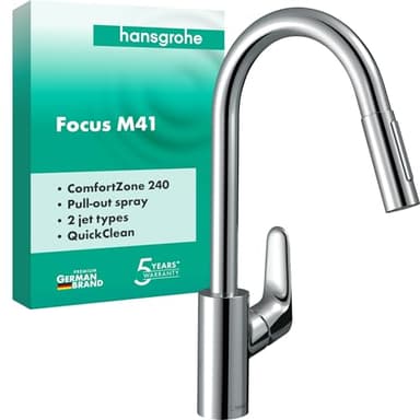 hansgrohe Focus M41 - Mitigeur de cuisine avec douchette extractible, 2 jets, Robinet avec hauteur sous bec 240 mm, Robinetterie avec bec pivotant et extensible, Chromé, 31815000