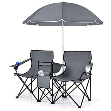KOMFOTTEU Chaise de Camping Pliable pour 2 Personnes, avec Parasol réglable en Hauteur, Chaise de Plage avec Sac de Rangement, Chaises de Camping, Charge de 300 kg pour Pique-Nique (Gris)