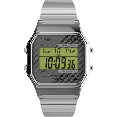 Timex T80 Montre Unisexe en Acier Inoxydable, 34 mm, Bracelet Extensible Acier Inoxydable, Cadran numérique, boîtier argenté TW2R79100