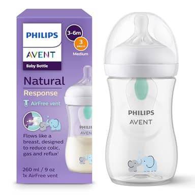 Philips Avent Biberon à Réponse Naturelle de 260 ml avec valve AirFree, sans BPA pour les bébés de 1 mois et +, motif éléphant (modèle SCY673/81)