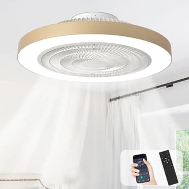 Depuley Ventilateur de plafond encastré: Ventilateurs de plafond discrets de 20 pouces pour chambre à coucher avec éclairage - Application et télécommande Ventilateur sans pales doré pour cuisine