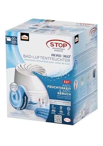 Pattex AERO 360° Déshumidificateur pour salle de bain, déshumidificateur pour une circulation efficace de l'air, 1 appareil avec 1 recharge