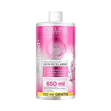 Eveline Cosmetics Facemed+ 3-en-1 Eau Micellaire Hyaluronique - Nettoyage en Profondeur et Hydratation Intense