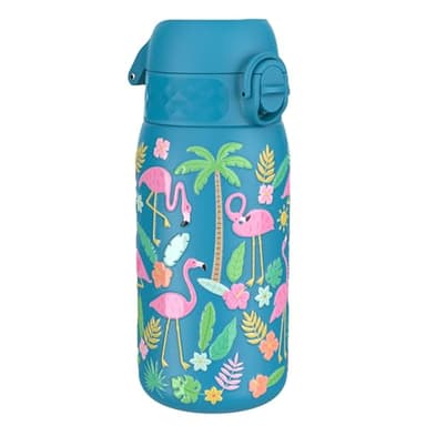 Ion8 Gourde Enfant, Inox Léger, 400ml, Non Isolé, Anti-Fuite, Facile à Ouvrir, Verrouillage Sécurisé, Lavable au Lave-Vaisselle, Poignée de Transport, Acier Inoxydable, Flamants Roses