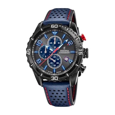 Festina Montre Homme Analogique avec Bracelet en Cuir Bleu - Mouvement Quartz - Chronographe - Calendrier - Verre Minéral Haute Résistance - Étanche 10 ATM - Élégante F20519/3 Chrono Sport