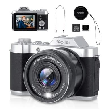 Appareil Photo Numérique, Rollei Powerflex 10x Rétro Digital Camera 64MP 4K avec Zoom Numérique 10X Écran IPS 2,88" Appareil Photo Compact avec 8 Modes et Batterie, Appareil-Photo-Numérique