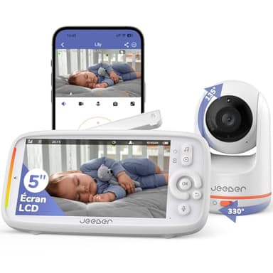jeeber 2K/3MP Babyphone Caméra Bébé, 5" IPS, Babyphone Connecté Smartphone, 360 ° View, PTZ & VOX, HDR Vision Nocturne, Lumière Infrarouge Invisible, Détection des Pleurs & Température