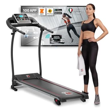 YM Tapis De Course Pliable Electrique 11 km/h, App KINOMAP et ZWIFT Coaching/Multijoueur, 1 HP (2,5 HP Peak) Capteur Cardiaque, Inclination, 12 Programmes Lubrification Automatique, New Modèle 2022