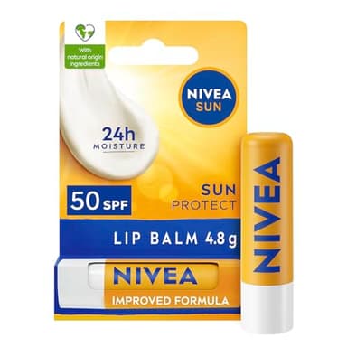 NIVEA SUN Protect Baume à lèvres soin SPF50 (5,5 ml), Factor 50 au beurre de karité, protection contre les rayons UVA/UVB avec humidité 24H, soin des lèvres, sans plâtre blanc
