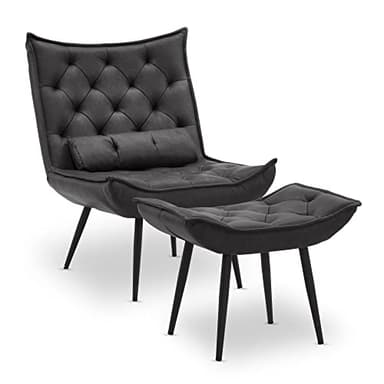 M MCombo 4778 Fauteuil de relaxation moderne avec coussin de taille salon, style rétro, vintage, fauteuil de lecture, fauteuil de salon, fauteuil rembourré, cuir synthétique, gris foncé 6151-4778MB