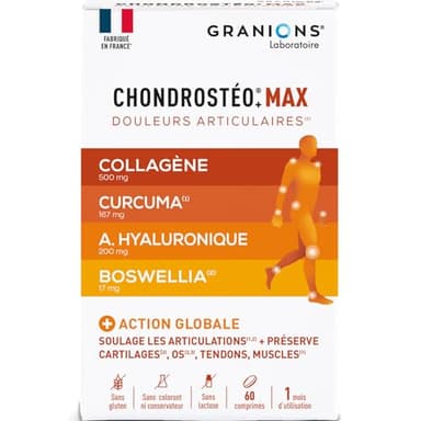 GRANIONS CHONDROSTEO+ MAX - Collagene Marin + Acide Hyaluronique + Curcuma + Cuivre + Bromelaine + Vitamine D3 - Curcuma - Collagene Douleurs Articulaires - 60 Comprimés 1 mois Fabriqué en FRANCE