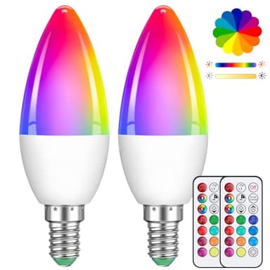2 Pack 5W E14 C35 Bulbe LED De Bougie Multi-couleurs Dimmable, Ampoule à Changement De Couleur Avec Télécommande, RGB+Blanche Chaude, Adaptée à L'éclairage Quotidien Et à L'éclairage De L'atmosphère