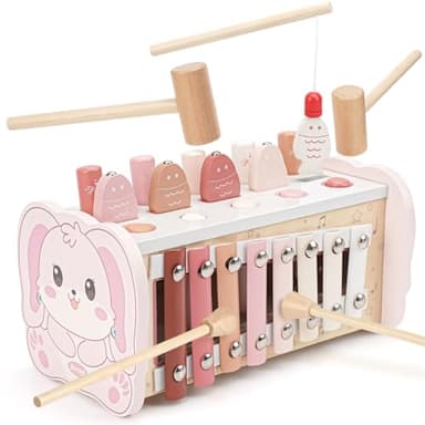 Joyreal Jeux Montessori 1 an - 4 en 1 Xylophone Bebe, Jeu Pêche, Jeu Marteau, Jouet en Bois, Motricité Bébé, Jeux Educatif Jouet d'Éveil Cadeau Anniversaire 1 2 3 Ans Fille Garcon
