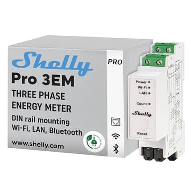 Shelly Pro 3EM - Compteur électrique triphasé connecté 120 A, LAN, Wi-Fi, Montage sur Rail DIN, Compatible avec MODBUS, Stockage données, Mesure énergie photovoltaïque, App iOS Android