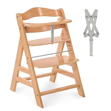 hauck Chaise Haute Bébé Alpha Plus, Évolutive dès 6 Mois, Inclus Harnais 5 Points, Barre de Sécurité, Réglable, Jusqu'à 90 kg, Bois FSC - Nature