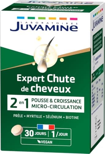 JUVAMINE - Chute de Cheveux : Pousse + Croissance - 6 Actifs Beauté dont Zinc et Biotine - Favorise la Croissance et la Résistance des Cheveux - Programme de 1 mois - 30 Comprimés - Fabriqué en France