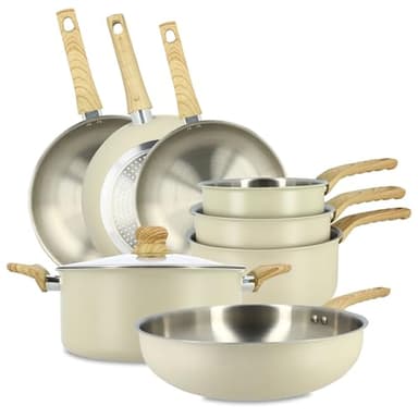 MENASTYL - Batterie de cuisine en inox 18/10 induction 8 pièces Easynox - Acier inoxydable sans accroche - Sans PFAS, sans PTFE - Tous feux dont induction et lave-vaisselle - Écume - 6014254