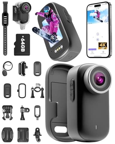 NNYYMH Mini Camera 4K, Caméra Sport et SD 64 Go, Etanche Jusqu'à 30 m, Autonomie de 180 Minutes, Grand Angle 150° et Ecran 1,47 Pouces. Caméra vlog pour Le Cyclisme, Les Voyages et Les Animaux, Moto