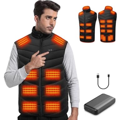 Veste Chauffante Homme, Gilet Chauffant pour Homme avec Batterie 20 000 mAh, 21 Zones de Chauffage, 3 Niveaux de Chaleur Réglables, Lavable en Machine, Gilet Chauffant pour Ski, Randonnée, Moto (L)