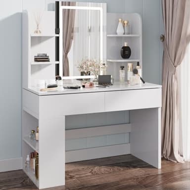 Airfish Coiffeuse avec Miroir et LED, Table de Maquillage avec 3 Étagères et 2 Tiroirs, Coiffeuse avec Grand Tiroir et Armoire, Lumière LED Réglable (Blanc)