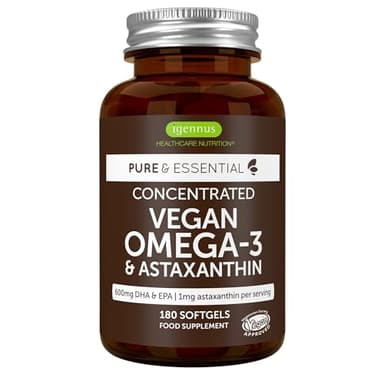 Omega 3 Vegan, 600mg de DHA & EPA, 180 Gélules (3 Mois), Huile d’Algues & Astaxanthine, Pure & Durable - par Igennus