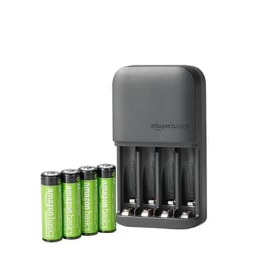 Amazon Basics batteries NiMH rechargeables avec chargeur à 4 emplacements, prise européenne, AA 2000mAh Lot de 4, Noir