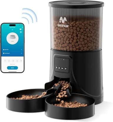 IMIPAW Distributeur Croquettes Chat Automatique 2 Bols, WiFi 5G | 2.4G, Commande APP Distributeur de Croquettes, Minuterie Programmable, 4L, 1-10 Repas par Jour pour Petits Chiens et Chats