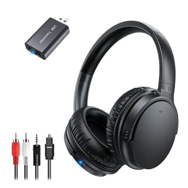 Casque TV Sans Fil pour Personnes Âgées, AptX Faible Latence, Un Bouton Casque Over-Ear avec Émetteur USB (Optique/RCA/AUX/USB), Plus Fort & Plus Clair pour Malentendants, 20H d'Autonomie, Plug & Play