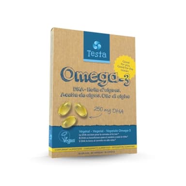Testa Omega 3 - Huile d'Algues - Oméga 3 Vegan Supplément – Super concentré DHA 250 mg par capsule – Bon pour le Coeur et les Yeux – 60 gélules – 2 mois de stock