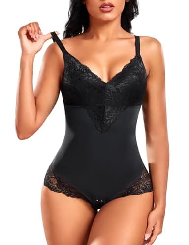 PASUDA Body Sculptant Femme Gainant Ventre Plat Gaine en Dentelle Amincissante Invisible Shapewear Col V Bretelles Réglable Minceur Bodysuit Corset Spaghetti Strap Lingerie (Noir, L)