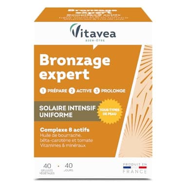 Vitavea - Bronzage Expert - Prépare, Active et Prolonge le Bronzage - Peau Sublimée - Complément Alimentaire avec Huile de Bourrache, Bêta-Carotène, Zinc, Vitamine B5, Cuivre - 40 Gélules - 40 Jours