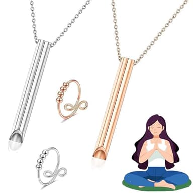 4 Pièces Collier de Respiration à la Mode, Collier Respirant en Acier, Inoxydable avec 2 Couleurs et 2 Anneaux, Pendentif de Méditation Portable, Collier pour Exercices de Respiration, Femmes Hommes