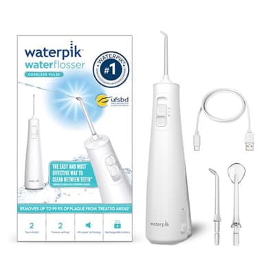 Waterpik WF-20 Pulse, Hydropulseur Sans Fil, Recommandé par l’UFSBD, Jet dentaire Rechargeable, Elimine la Plaque, 2 Niveaux de Pression, 45 Secondes de Nettoyage, 2 Embouts Inclus, Waterproof, Blanc