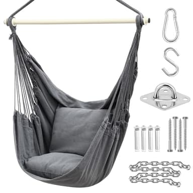 Ohuhu Fauteuil Suspendu Exterieur avec 2 Coussins, Chaise Suspendue Balançoire de Relaxation, Fauteuil Suspendu Interieur Adapté à Tout Décor, Chaise Suspendue Facile à Assembler, Gris