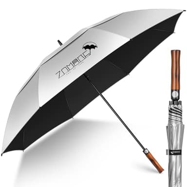 ZOMAKE 62 Pouces Ombrelle Anti UV,Grand Parapluie Golf Anti TempêTe Homme Femme, XXL Parapluies Soleil Manche En Bois Ondulé avec Double Canopée Ventilée(Argent Noir)