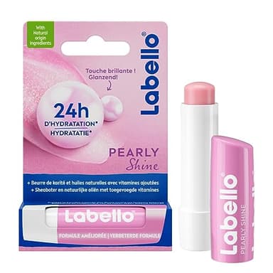 LABELLO Pearly Shine (1 x 5,5 ml), Baume à lèvres enrichi en huiles naturelles & perles de soie, Soin des lèvres Hydratation longue durée pendant 24H