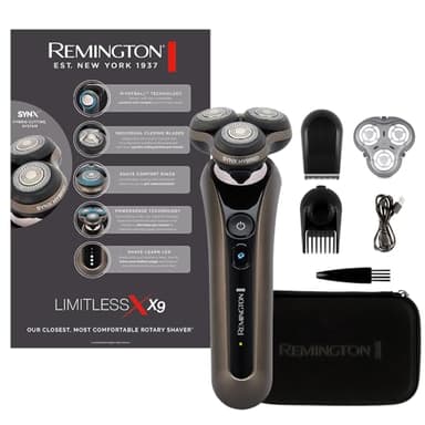 Remington Rasoir rotatif X9 (système de coupe hybride SynX: rotatif & grille, rasage humide & sec, tondeuse précision, lames flexibles, pivotball 360°, mode turbo, Techn, Shave-Learn, USB) XR1795