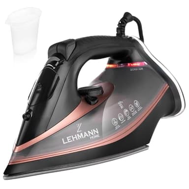 LEHMANN Fer à Repasser Vapeur, 3000 W, jusqu'à 45 g/min de Vapeur Continue & Pressing 140 g, Repassage Vertical, Semelle Céramique, Réservoir d'eau 380 ml, Arrêt Automatique, Noir/Or rose