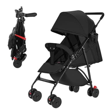 Sinbide Pousstte Bébé Poussette Canne Poussette Compacte Poussette Pliable et Inclinable Roues Maniables et Légères Dossier Réglable Matériau Anti-UV Avec pochette de rangement Cadeau pour bébé, Noir