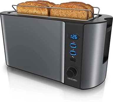 arendo - Grille Pain 2 Larges Fentes 4 tranches écran Digital - Grille-Pain Automatique 3en1-1500W - 6 Niveaux réglable décongélation réchauffe viennoiseries Plateau à miettes -Toaster Cool Grey