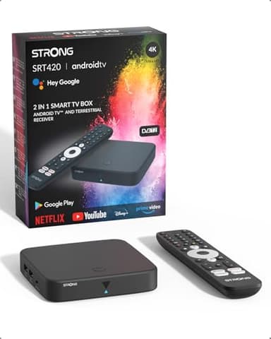 STRONG SRT420 Streaming Box Android TV 4K avec Port Ethernet, DVB-T2, 2GB RAM + 16GB Stockage, Chromecast Intégré, WiFi, Assistant Google Vocal, HDR10+, Dolby Audio & Dolby Vision