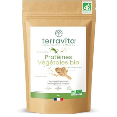 Protéines Végétales BIO | 4 Sources : Aminogramme Complet | Idéale en Shaker ou Recette | Mélange Onctueux sans Grumeaux | 500g Goût Neutre | Sans Excipients & Vegan | Made in France | Terravita