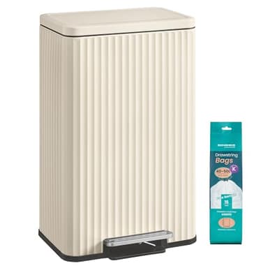 SONGMICS Poubelle de Cuisine, 50 L, avec Pédale, Couvercle à Fermeture Douce, Seau Intérieur Amovible, en Acier, 15 Sacs Poubelle (Code K) Inclus, Blanc Crème LTB586LZ02