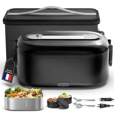 Gamelle Chauffante, Lunch Box Chauffante Electrique, 1,5 L 80 W Gamelle Isotherme pour Repas Chaud, 12V/24V/220V Acier Inoxydable Boite Repas pour Voiture Camion Bureau, Tupperware Chauffant, Noir