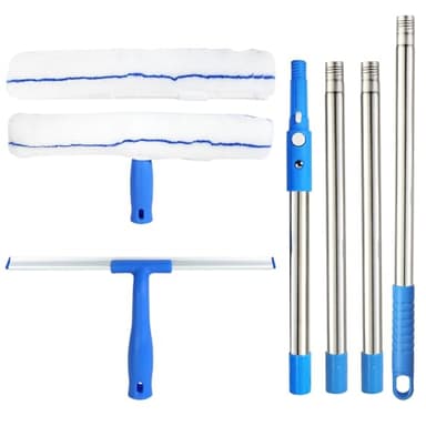 Kit de Nettoyage de Vitres Télescopique avec Perche en Acier Inoxydable de 160 cm – Incluant Raclette, Brosses et Cadre T pour Un Nettoyage sans Traces sur Verre, Miroirs et Pare-Brise