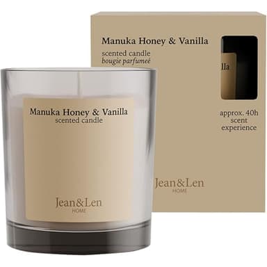 Jean & Len Scented Candle Manuka Honey & Vanilla, à base de beurre de karité, durée env. 40 h, design minimaliste, parfum sensuel, végan, 195 g