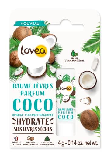 LOVEA - Baume À Lèvres - Parfum Coco - Apaise, Hydrate & Adoucit - Pour Lèvres Sèches - Enrichi Au Beurre De Karité - À Base D'Huiles D'Origine Végétale - Fabriqué En France - 4 g